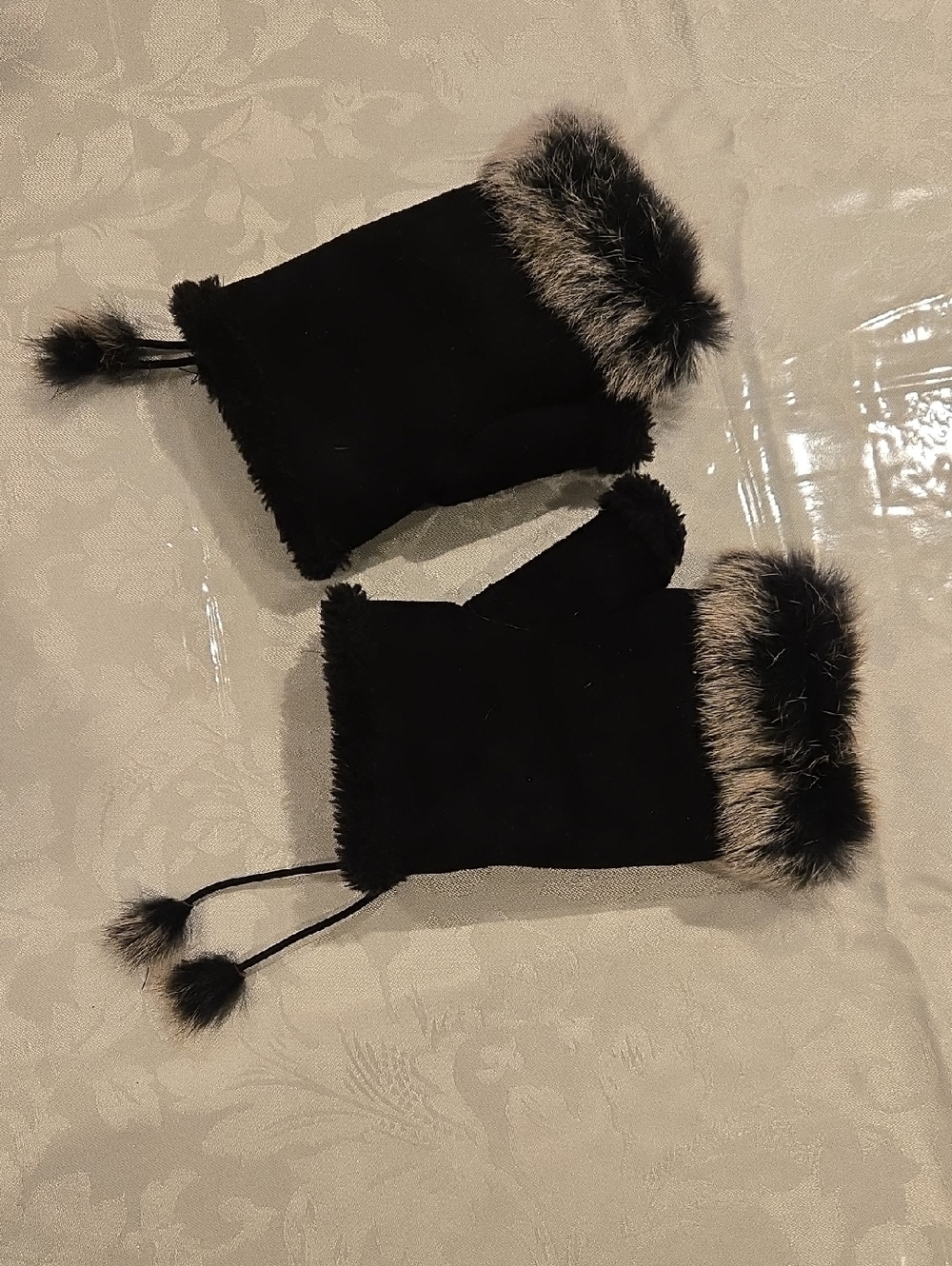 Black Faux Fur-Trim Mittens With Pull To Tighten Or Loosen
